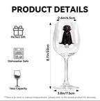 Product details graphic for a clear wine glass featuring a black dog illustration with a red cape and gold collar. The image includes dimension labels (2.