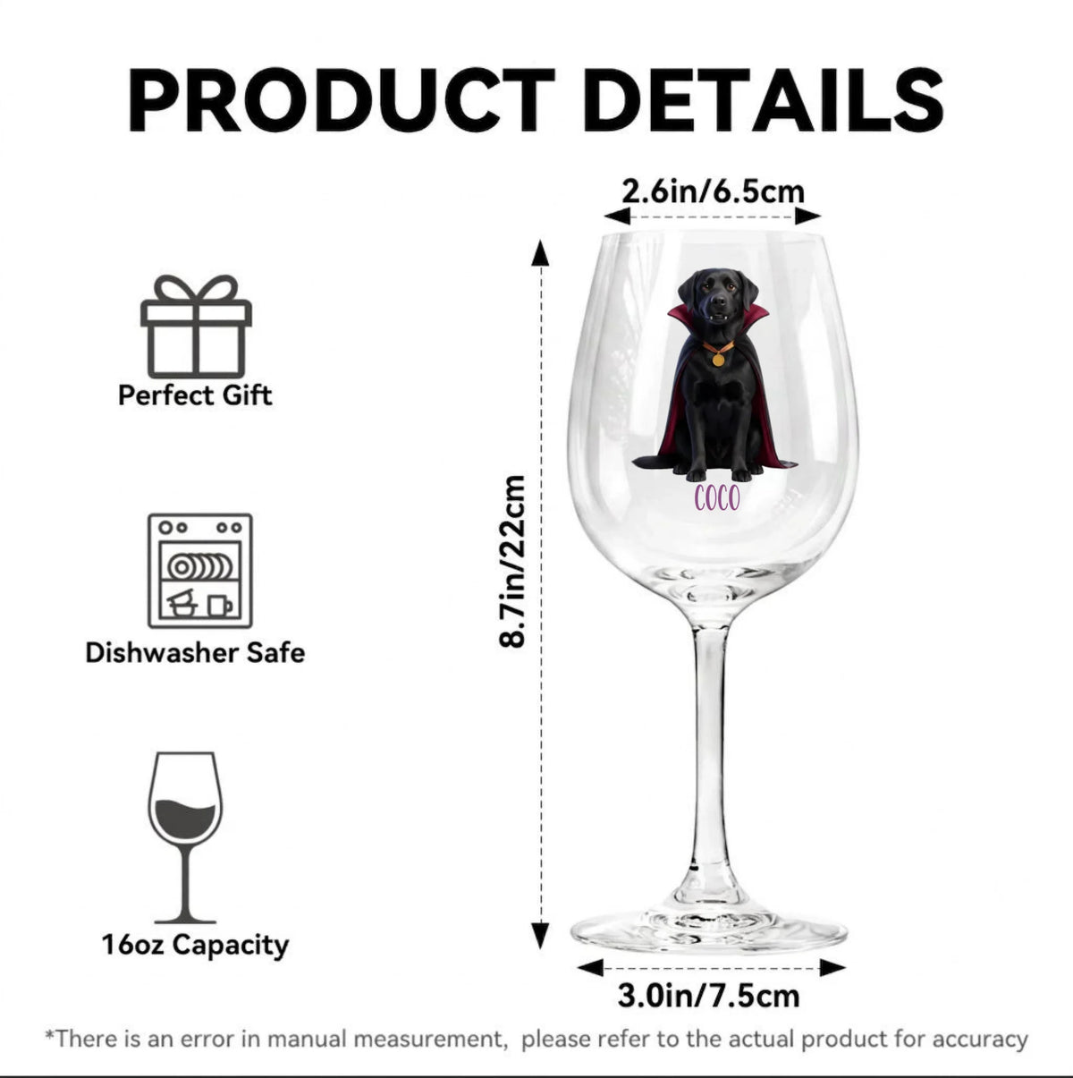 Product details graphic for a clear wine glass featuring a black dog illustration with a red cape and gold collar. The image includes dimension labels (2.