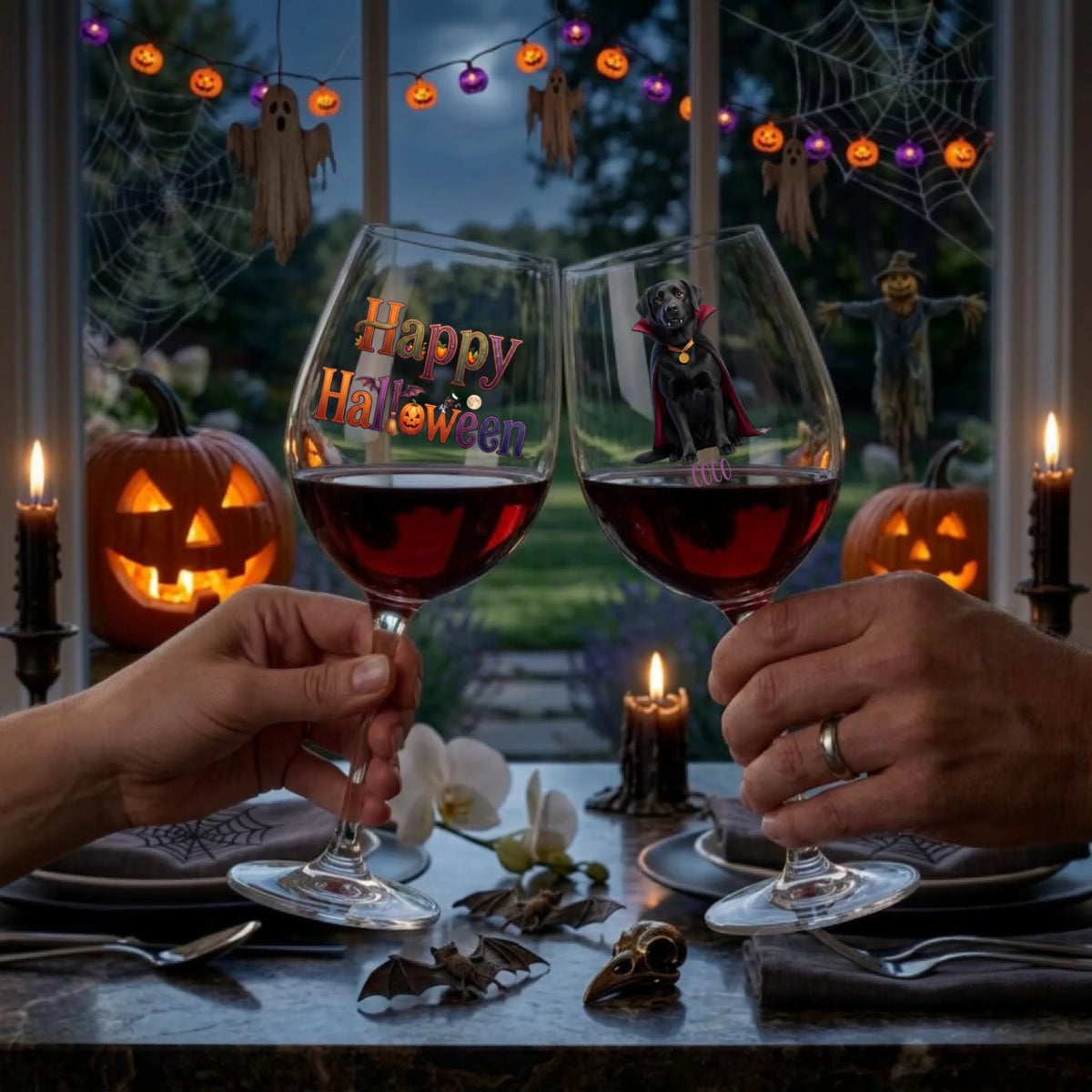 Two wine glasses filled with red wine are held by hands at a Halloween-themed dinner table. One glass is printed with 'Happy Halloween' in colorful letters, and the other features a small black cat wearing a red cape.