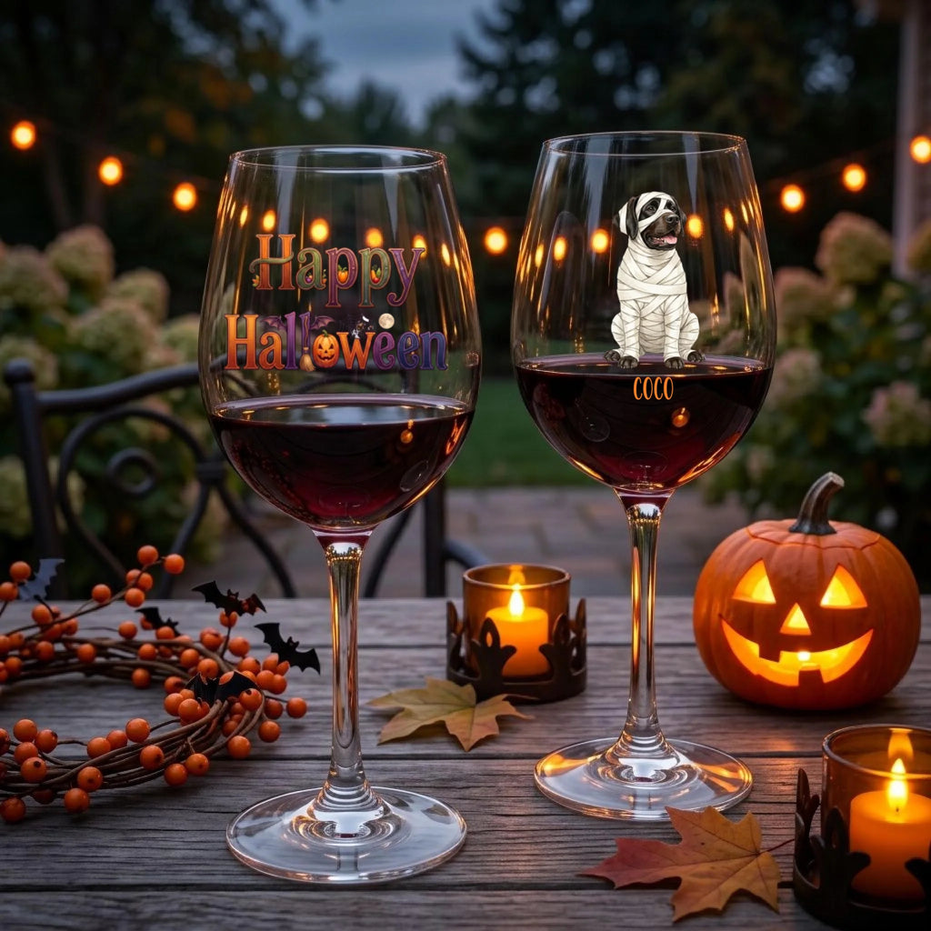 Two personalized wine glasses filled with red wine on an outdoor wooden table at dusk, decorated with Halloween props including a lit jack-o'-lantern, candles, leaves, and a berry wreath. One glass has 'Happy Halloween' text, and the other features a small dog illustration.