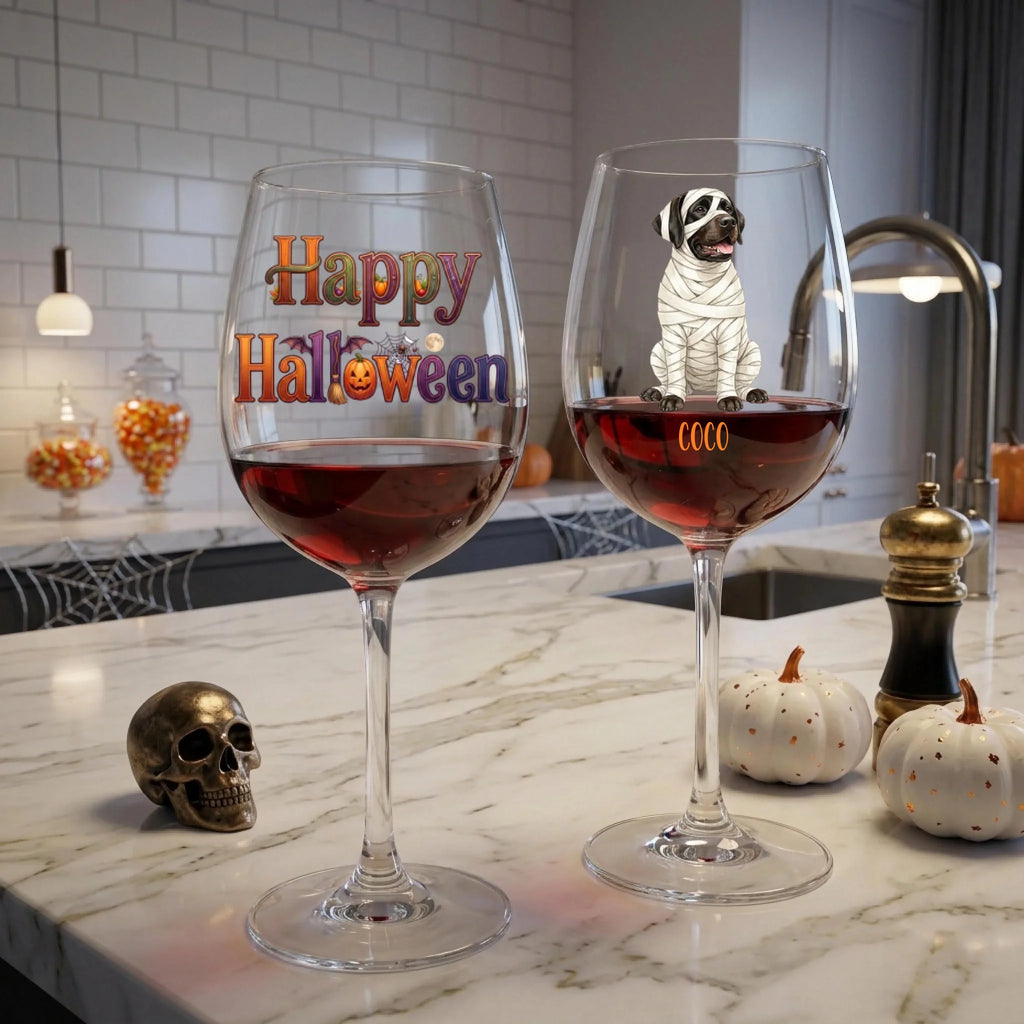 Two clear wine glasses filled with red wine sit on a marble kitchen counter. The left glass has colorful 'Happy Halloween' text, and the right glass features a mummy dog design with 'COCO' written below.