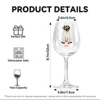 Product details graphic for a clear wine glass featuring a printed puppy wearing a bandage with the text 'COCO'. The image includes dimension measurements for height and width, icons indicating it is a perfect gift, dishwasher safe, and has 16oz capacity, on a white background.