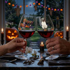 Two hands holding wine glasses filled with red wine at a Halloween-themed dinner table. The left glass is printed with 'Happy Halloween' in orange and purple lettering, and the right glass features a cartoon mummy dog.