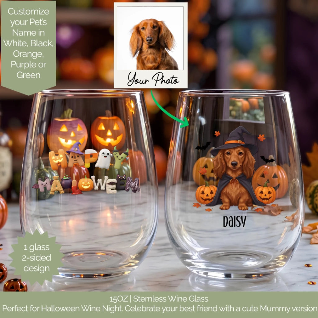 Customer's dog photo beside a personalized Halloween stemless wine glass showing it turned into a witch-costume dog with pumpkins