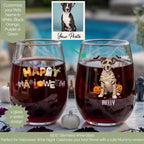 Customer's dog photo beside a personalized Halloween stemless wine glass showing it turned into a mummy-costume dog with pumpkins
