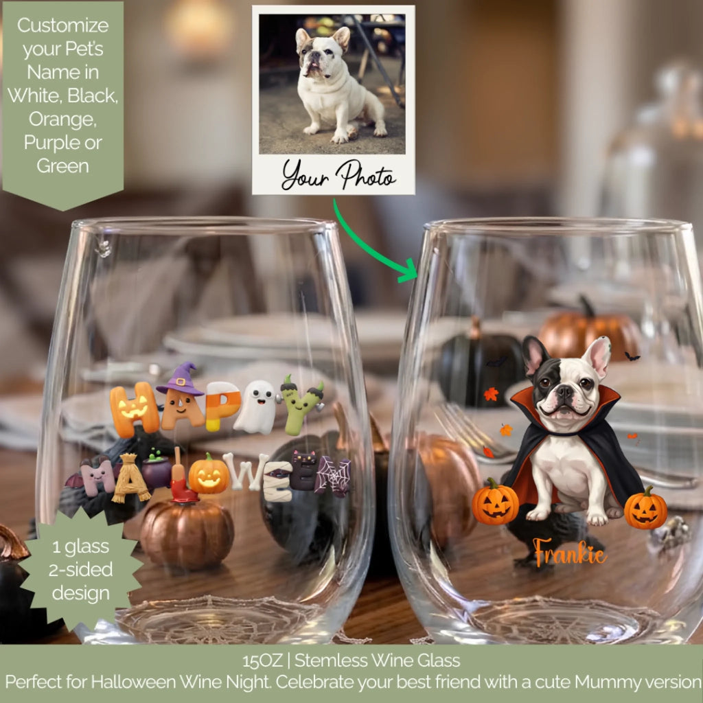 Customer's dog photo beside a personalized Halloween stemless wine glass showing it turned into a vampire-costume dog with pumpkins