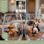 Customer's dog photo beside a personalized Halloween stemless wine glass showing it turned into a vampire-costume dog with pumpkins