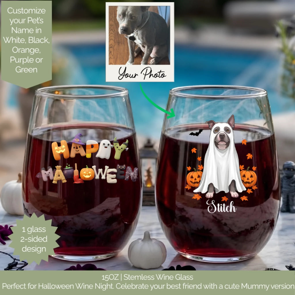 Customer's dog photo beside a personalized Halloween stemless wine glass showing it turned into a ghost-costume dog with pumpkins
