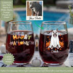 Customer's dog photo beside a personalized Halloween stemless wine glass showing it turned into a ghost-costume dog with pumpkins