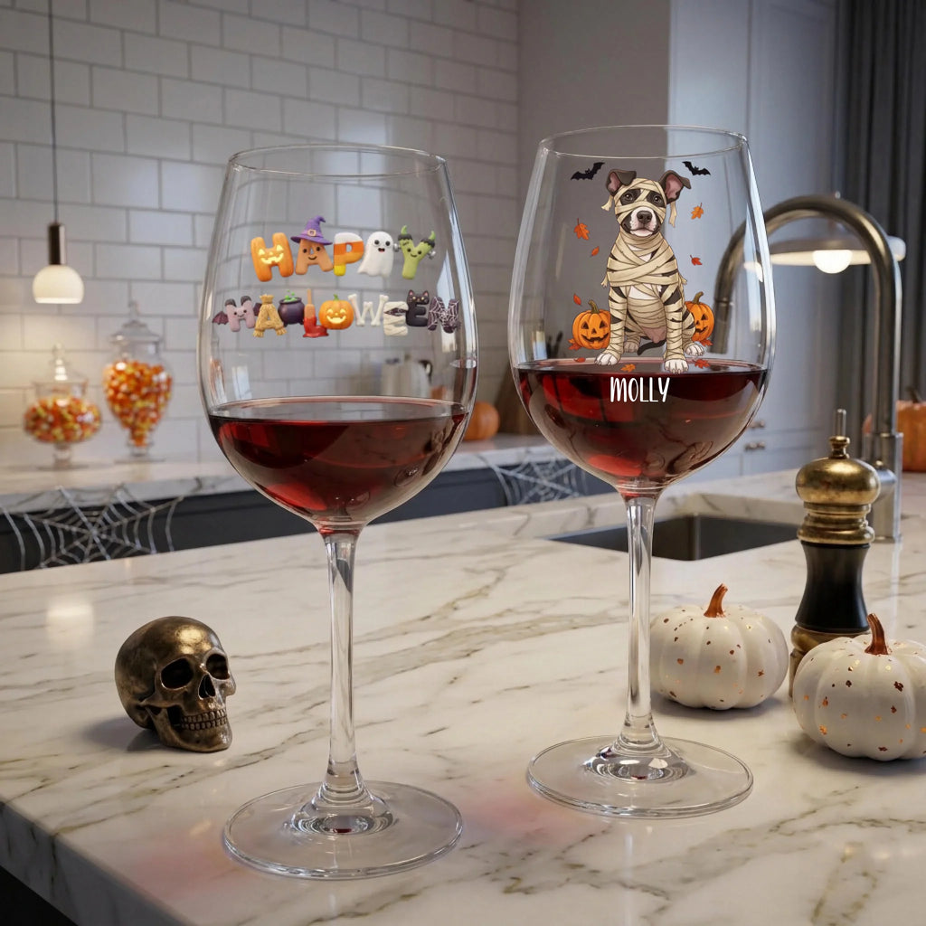 Two clear wine glasses filled with red wine sit on a white marble kitchen counter. The left glass has a colorful 'Happy Halloween' decoration, and the right glass is personalized with the name 'MOLLY' beneath a cartoon dog dressed as a mummy.