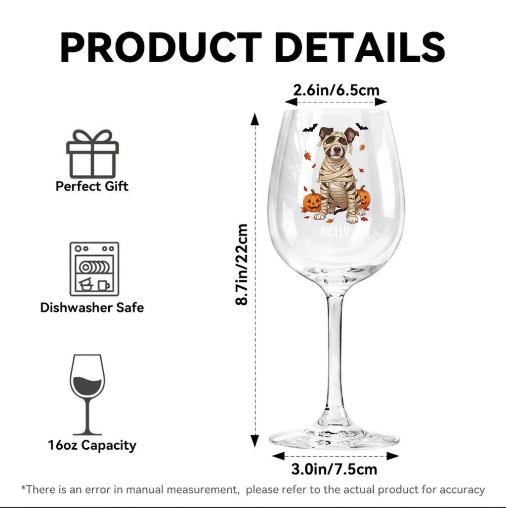 Product details graphic for a clear stemmed wine glass with a Halloween-themed dog print. The image includes dimension labels showing 8.