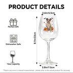 Product details graphic for a clear stemmed wine glass with a Halloween-themed dog print. The image includes dimension labels showing 8.