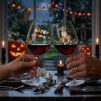 Two hands hold up clear wine glasses filled with red wine at a Halloween dinner table. The left glass has colorful 'Happy Halloween' lettering, and the right glass features a cartoon dog wearing a tattered superhero cape with 'Molly' written below.