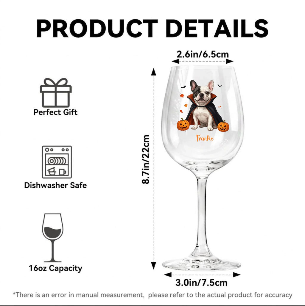 Product details graphic for a clear wine glass with a French Bulldog Halloween print. The image includes product dimensions (8.