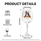 Product details graphic for a clear wine glass with a French Bulldog Halloween print. The image includes product dimensions (8.
