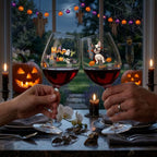 Two hands hold up clear Halloween-themed wine glasses filled with red wine at a dinner table. The glasses feature colorful 'Happy Halloween' text and a cartoon dog with pumpkins.