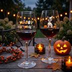 Two Halloween-themed wine glasses filled with red wine on a wooden table outdoors at dusk. One glass has colorful 'Happy Halloween' lettering, and the other features a small black-and-white French bulldog with the name 'Trinkle' and small pumpkins.