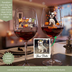 Personalized vampire-costume dog Halloween 16 oz wine glass with red wine beside the customer's dog photo it was made from