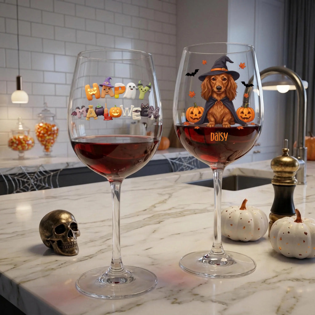 Two clear wine glasses filled with red wine sit on a marble kitchen counter. The left glass has a colorful 'Happy Halloween' decoration, and the right glass features a dachshund wearing a witch hat with pumpkins and the name 'DAISY'.