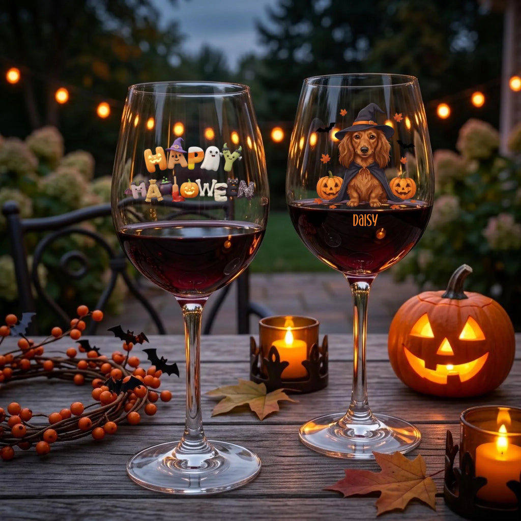 Two Halloween-themed wine glasses filled with red wine on a wooden table outdoors at dusk. One glass has 'Happy Halloween' with pumpkins and ghosts, and the other has a dachshund wearing a witch hat with the name 'Daisy'.