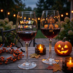 Two Halloween-themed wine glasses filled with red wine on a wooden table outdoors at dusk. One glass has 'Happy Halloween' with pumpkins and ghosts, and the other has a dachshund wearing a witch hat with the name 'Daisy'.