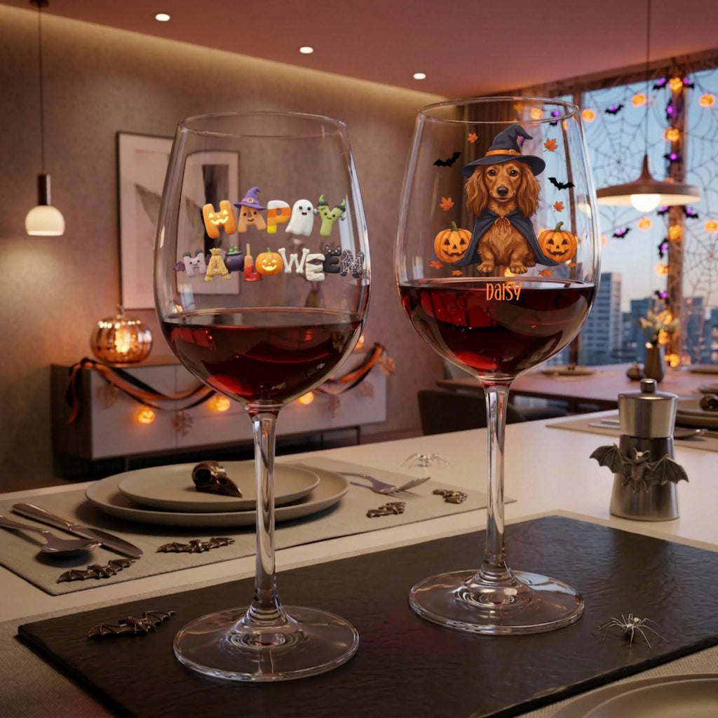Two Halloween-themed wine glasses filled with red wine on a dining table. One glass has 'Happy Halloween' with spooky cutout letters, and the other has a dachshund wearing a witch hat surrounded by pumpkins with the name 'Daisy' written below.