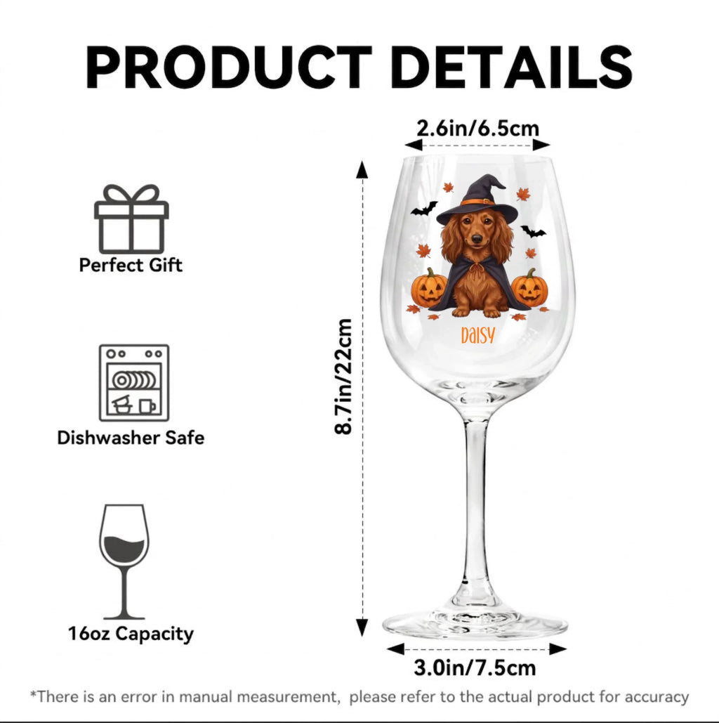 Product details graphic for a Halloween-themed wine glass, showing dimensions (8.7 in / 22 cm tall, 2.