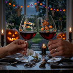 Two hands hold up clear wine glasses filled with red wine at a Halloween table setting. The left glass is printed with 'Happy Halloween' in orange and yellow letters, and the right glass features a cartoon dog wearing a witch hat with orange pumpkins.