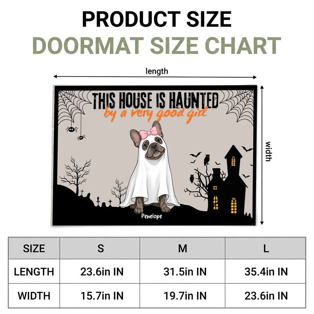 Product size chart for a Halloween doormat, showing a sample mat with dimensions labeled length and width, plus a size table for S, M, and L sizes.