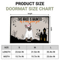 Product size chart for a Halloween doormat, showing a sample mat with dimensions labeled length and width, plus a size table for S, M, and L sizes.