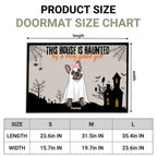 Product size chart for a Halloween doormat, showing a sample mat with dimensions labeled length and width, plus a size table for S, M, and L sizes.