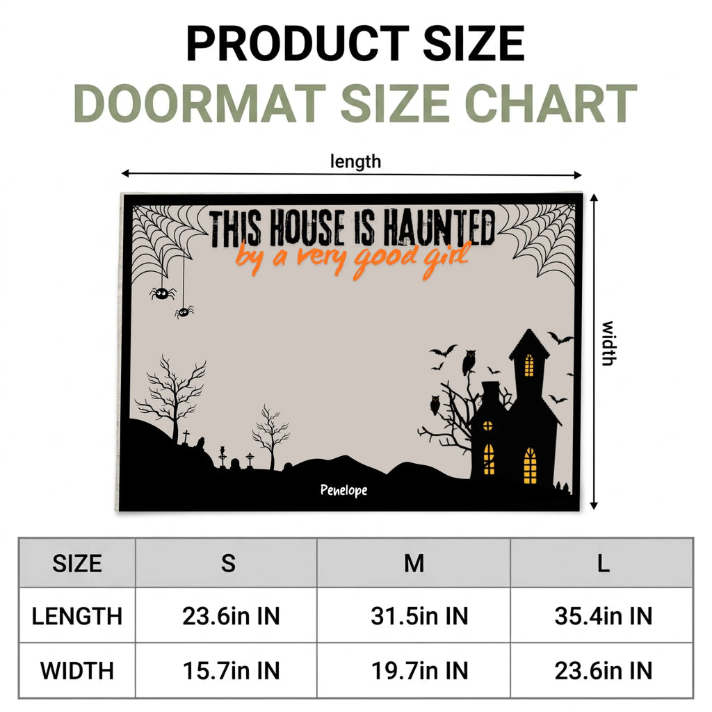 Product size chart for a doormat showing a haunted house mat design with dimension arrows and a size table for S, M, and L sizes.