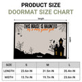 Product size chart for a doormat showing a haunted house mat design with dimension arrows and a size table for S, M, and L sizes.