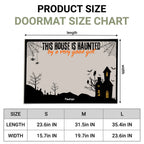 Product size chart for a doormat showing a haunted house mat design with dimension arrows and a size table for S, M, and L sizes.
