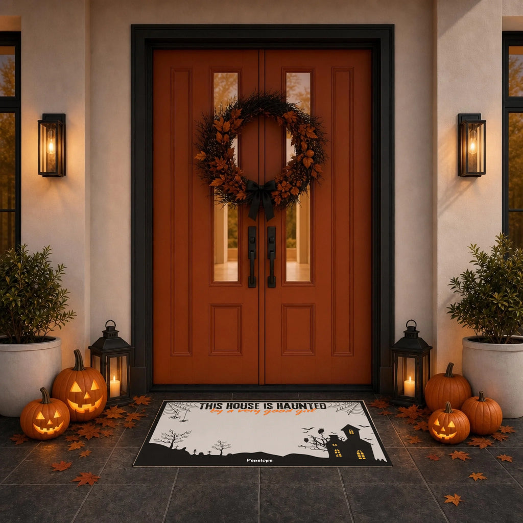 A Halloween-themed doormat with a spooky black and white haunted house design and the text 'THIS HOUSE IS HAUNTED' is displayed in front of a double orange-brown door decorated with a wreath, pumpkins, and lanterns.