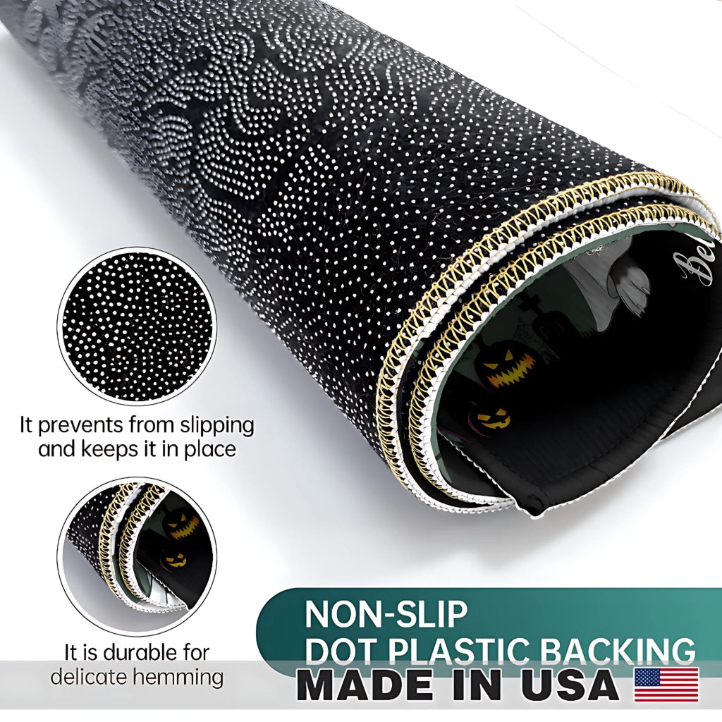 Black non-slip vinyl wrap with a white dotted pattern, rolled up to show the backing and hem detail, with circular inset close-ups and text overlays explaining its slip-resistant and durable properties.