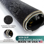 Black non-slip vinyl wrap with a white dotted pattern, rolled up to show the backing and hem detail, with circular inset close-ups and text overlays explaining its slip-resistant and durable properties.