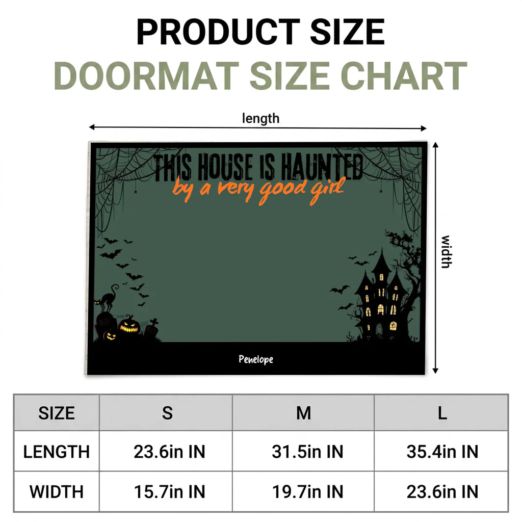Product size chart for a Halloween doormat, showing a rectangular haunted-house design with dimension arrows labeled length and width, plus a size table for S, M, and L sizes.