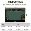 Product size chart for a Halloween doormat, showing a rectangular haunted-house design with dimension arrows labeled length and width, plus a size table for S, M, and L sizes.