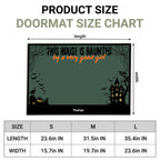 Product size chart for a Halloween doormat, showing a rectangular haunted-house design with dimension arrows labeled length and width, plus a size table for S, M, and L sizes.