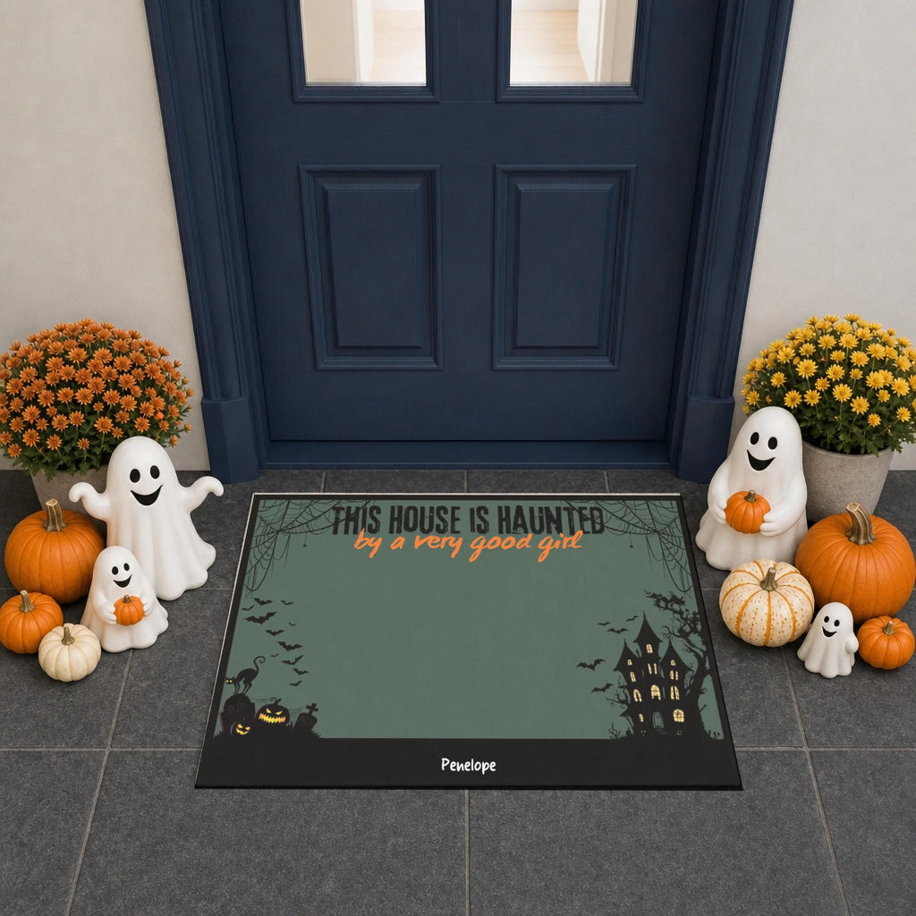 A Halloween-themed doormat displayed in front of a dark blue front door. The mat has a muted green background with black borders, a haunted house illustration, and the text 'THIS HOUSE IS HAUNTED by a very good ghost'.