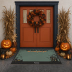 A Halloween-themed doormat with the text 'THIS HOUSE IS HAUNTED by a really scary ghost' and a haunted-house illustration, placed in front of a dark blue double door decorated with a wreath, pumpkins, corn, and dried grass.