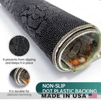 A rolled black fabric with a white dotted non-slip pattern and a decorative printed inner layer, shown on a white background with two circular detail insets and text reading 'NON-SLIP DOT PLASTIC BACKING MADE IN USA'.