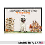A personalized Halloween-themed plaque or sign featuring the text 'Halloween's Number 1 Rule', 'Pet all of the Dogs', and the name 'Baily'. The design shows a mummy dog in the center, a haunted house on the right, and autumn trail signs on the left, all on a light background with a black border.