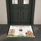 A rectangular doormat with a Halloween-themed design is placed in front of dark green double doors on a gray tiled floor. The mat features the text 'Halloween's Number 1 Rule' and 'Pet all of the Dogs' with the name 'Rusty' in the center, flanked by a mummy dog illustration and a haunted house.