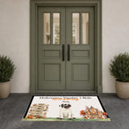 A rectangular Halloween-themed doormat displayed in front of a double door. The mat features the text 'Halloween's Number 1 Rule' and 'No cats of the Dog.