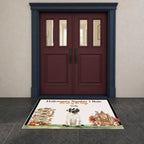 A personalized Halloween doormat featuring a mummled pug, a haunted house, pumpkins, and the text 'Halloween's Number 1 Rule. Get all the treats.