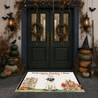 A rectangular Halloween-themed doormat displayed in front of a dark green double door decorated with wreaths, pumpkins, lanterns, and bats. The mat features a mummy dog illustration and the text 'Halloween's Number 1 Rule' and 'Beasty'.