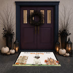 A rectangular Halloween-themed doormat displayed in front of a dark purple double door. The mat features a mummy dog, a haunted house, pumpkins, and the text 'Halloween's Number 1 Bule' and 'Pet of the Day' with the name 'Bule' printed on it.