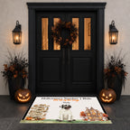 A Halloween-themed doormat displayed on a dark gray front door, flanked by two lit jack-o'-lanterns and potted autumn plants. The mat features a mummy dog, a haunted house, a list of dog behaviors, and the text 'Halloween's Number 1 Rule For all of the Dogs.